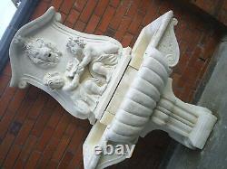 Stone Garden Water Fountain. Large Outdoor Wall Statue. Lion & Cherub & Shell