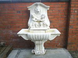 Stone Garden Water Fountain. Large Outdoor Wall Statue. Lion & Cherub & Shell