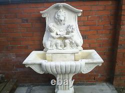 Stone Garden Water Fountain. Large Outdoor Wall Statue. Lion & Cherub & Shell