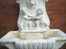 Stone Garden Water Fountain. Large Outdoor Wall Statue. Lion & Cherub & Shell