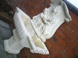 Stone Garden Water Fountain. Large Outdoor Wall Statue. Lion & Cherub & Shell