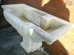 Stone Garden Water Fountain. Large Outdoor Wall Statue. Lion & Cherub & Shell