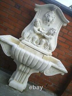 Stone Garden Water Fountain. Large Outdoor Wall Statue. Lion & Cherub & Shell