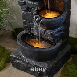 Teamson Home 3 Tier Bowls LED Water Fountain Dark Grey Garden Cascading Feature