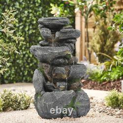 Tiered Rock Pool Stone Fountain Solar Garden Water Feature Outdoor Statues withLED