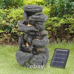 Tiered Rock Pool Stone Fountain Solar Garden Water Feature Outdoor Statues withLED