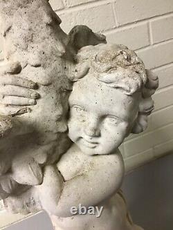 Vintage Cement Cherub Boy Holding Goose Garden Statue Water Fountain 25 Tall