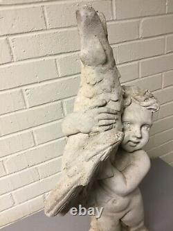 Vintage Cement Cherub Boy Holding Goose Garden Statue Water Fountain 25 Tall