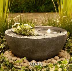 Vonhaus Outdoor Garden Dual Bowl Planter and Water Fountain with LED Light Grey