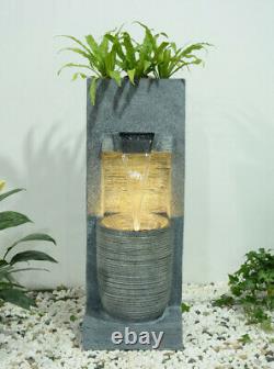Wall Cascade Water Feature Planter Bowl Stone Effect Fountain LED Lights 91cm