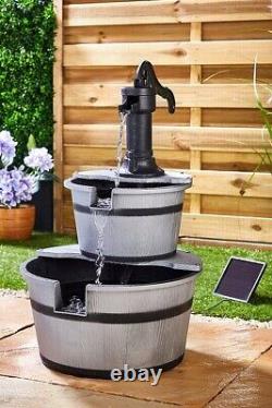 Water Fountain Garden Feature Cascade Pump Two-Tier Solar Barrel GREY 3559