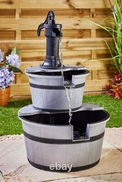 Water Fountain Garden Feature Cascade Pump Two-Tier Solar Barrel GREY 3559