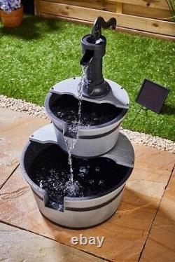 Water Fountain Garden Feature Cascade Pump Two-Tier Solar Barrel GREY 3559