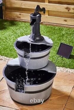 Water Fountain Garden Feature Cascade Pump Two-Tier Solar Barrel GREY 3559