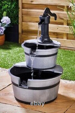 Water Fountain Garden Feature Cascade Pump Two-Tier Solar Barrel GREY 3559