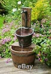 Wooden Barrel & Bucket Traditional Water Feature, Garden fountain, Lights, SOLAR