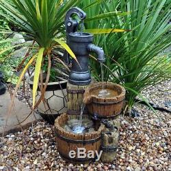 Wooden Barrel Cascade Water Feature Fountain Wood Effect Garden BRAND NEW