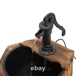 Wooden Barrel Electric Water Fountain Garden Ornament with Hand Pump