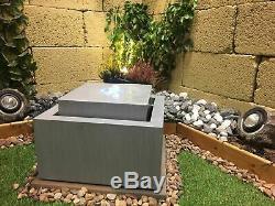 Zinc Cube Contemporary Garden Water Feature, Solar Powered Outdoor Fountain