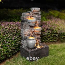 Caractéristiques de jardin : Fontaine extérieure LED en pierre empilée avec cascade grise Teamson