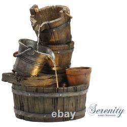 Carafe de sérénité avec seau à baril, fontaine de jardin avec cascade d'eau et ornement de jardinière