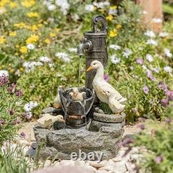 Duck Family Water Feature Fontaine Extérieure De Vieux Robinet Jardin Avec Lumières Led 56cm