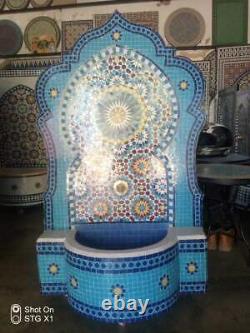 Fontaine D'eau En Mosaïque Marocaine Bleu Arabesque Zellige Jardin Fait À La Main