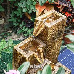 Fontaine à cascade solaire avec lumière LED, élément aquatique, statue effet bois pour jardin