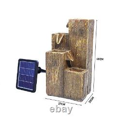 Fontaine à cascade solaire avec lumière LED, élément aquatique, statue effet bois pour jardin