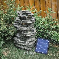 Fontaine à cascades en roche de jardin à énergie solaire avec LED, statues et décoration d'eau