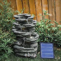 Fontaine à cascades en roche de jardin à énergie solaire avec LED, statues et décoration d'eau