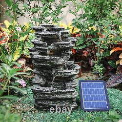 Fontaine à cascades en roche de jardin à énergie solaire avec LED, statues et décoration d'eau