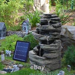 Fontaine à cascades en roche de jardin à énergie solaire avec LED, statues et décoration d'eau