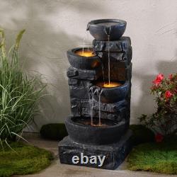 Fontaine à eau à LED avec 3 niveaux de bols Teamson Home, caractéristique de jardin en gris foncé avec cascade.