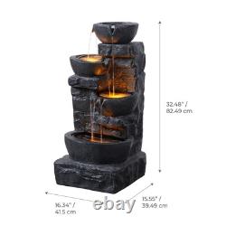 Fontaine à eau à LED avec 3 niveaux de bols Teamson Home, caractéristique de jardin en gris foncé avec cascade.