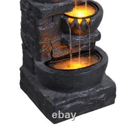 Fontaine à eau à LED avec 3 niveaux de bols Teamson Home, caractéristique de jardin en gris foncé avec cascade.
