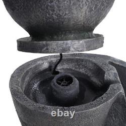 Fontaine à eau en forme de boule noire avec éclairage, alimentée par énergie solaire, pour patio de jardin extérieur.