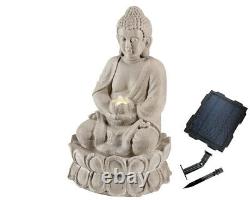 Fontaine d'eau avec statue assise de Bouddha, alimentée par l'énergie solaire et équipée de LED - Élément de jardin 893126