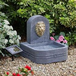 Fontaine d'eau de jardin à tête de lion alimentée par l'énergie solaire