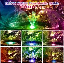 Fontaine d'eau de jardin solaire 6,5W, lumières LED, batterie 3000mAh et pompe à 8 buses