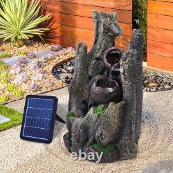 Fontaine d'eau en bois à énergie solaire LED pour jardin extérieur en cascade de pots de barils