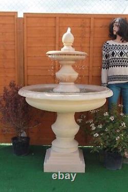 Fontaine d'eau en grès de grande taille à deux niveaux pour le jardin, ornée de décorations.