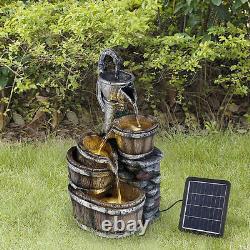 Fontaine d'eau solaire avec caractéristiques de cascade en tonneau en bois, éclairage extérieur pour jardin