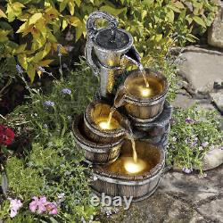 Fontaine d'eau solaire avec caractéristiques de cascade en tonneau en bois, éclairage extérieur pour jardin