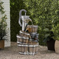 Fontaine d'eau solaire avec caractéristiques de cascade en tonneau en bois, éclairage extérieur pour jardin