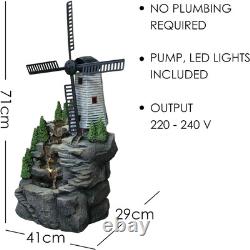 Fontaine de jardin avec moulin à vent et lumières LED, alimentée par secteur, auto-C