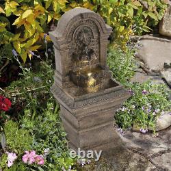 Fontaine de jardin avec statues de lion en pierre, chute d'eau alimentée par énergie solaire