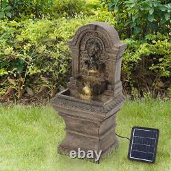 Fontaine de jardin avec statues de lion en pierre, chute d'eau alimentée par énergie solaire