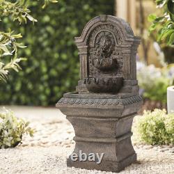 Fontaine de jardin avec statues de lion en pierre, chute d'eau alimentée par énergie solaire