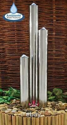 Fontaine de jardin contemporaine en acier inoxydable avec colonne à 3 tubes, hauteur 185cm.